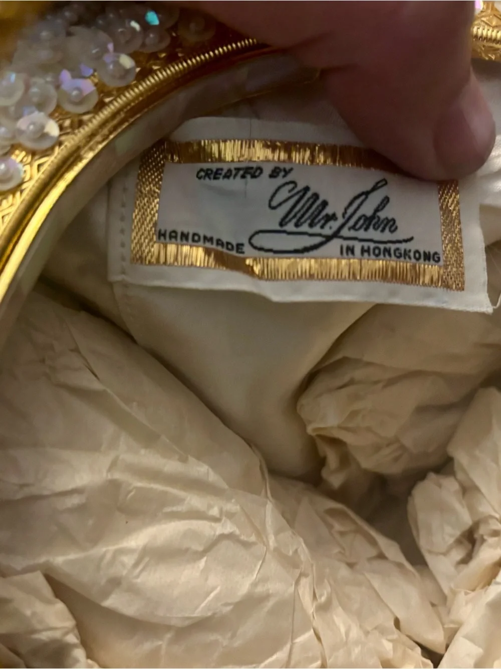 White Beaded Evening Clutch with Gold Frame